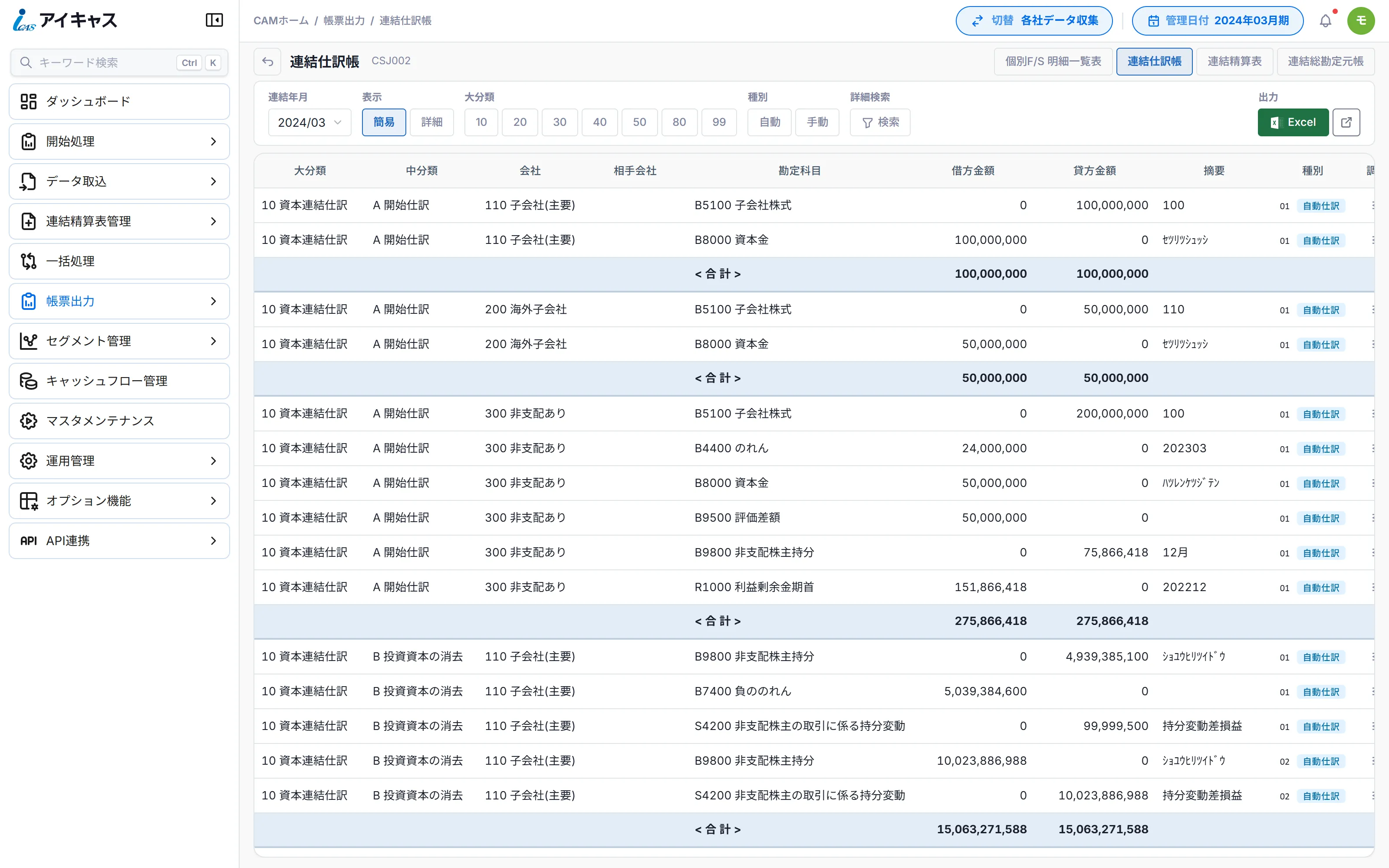iCAS の連結仕訳帳画面。大分類・中分類・会社・勘定科目・借方金額・貸方金額が一覧表示され、各行に自動仕訳のラベルが付いている